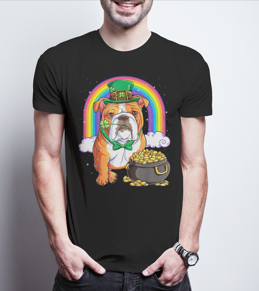 English Bulldog Leprechaun St Patricks Day Rainbow Gold Pot T-Shirt