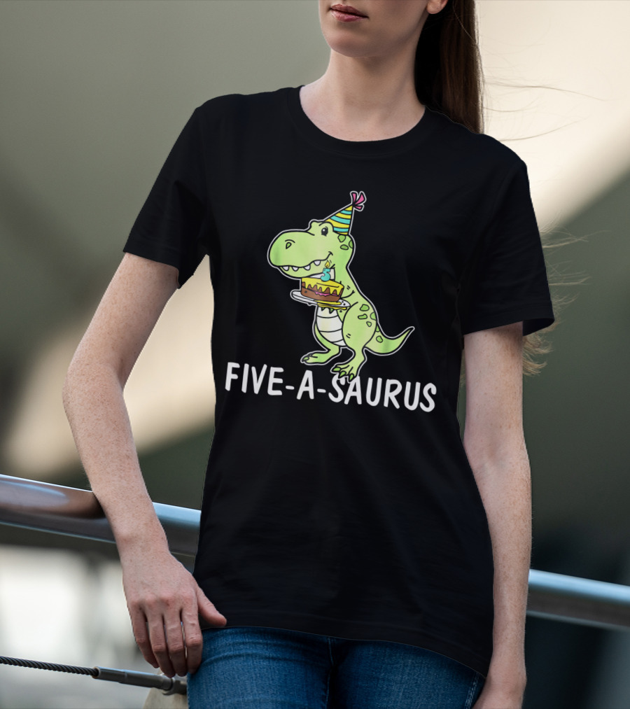 Five-A-Saurus T-Rex Birthday Cake Party Hat 5 Years Old T-Shirt
