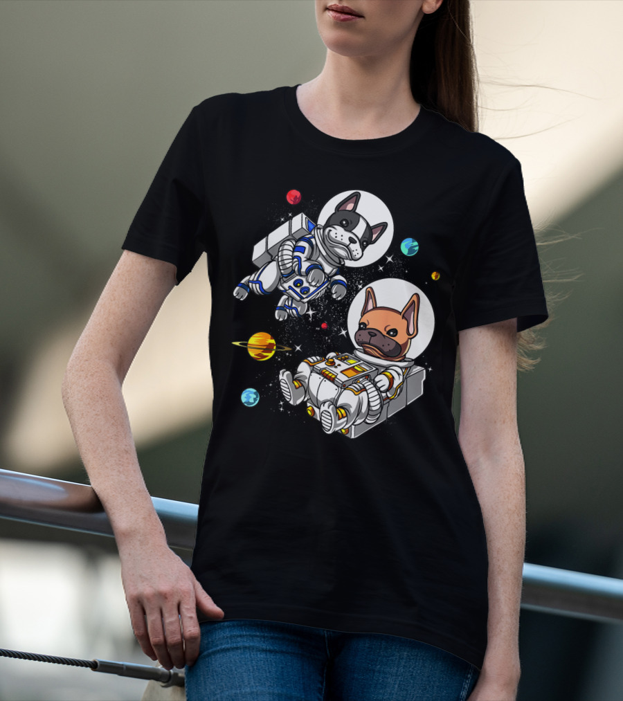French Bulldog Astronauts In Space With Planets And Stars T-Shirt