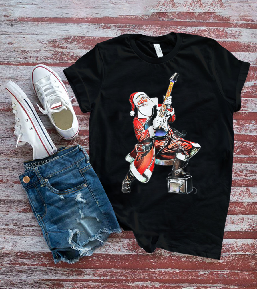 Funny Christmas Rock N Roll Santa Playing Guitar T-Shirt