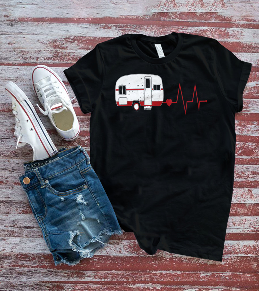 Funny Valentine's Day Camping Women Girls Heartbeat Camper T-Shirt