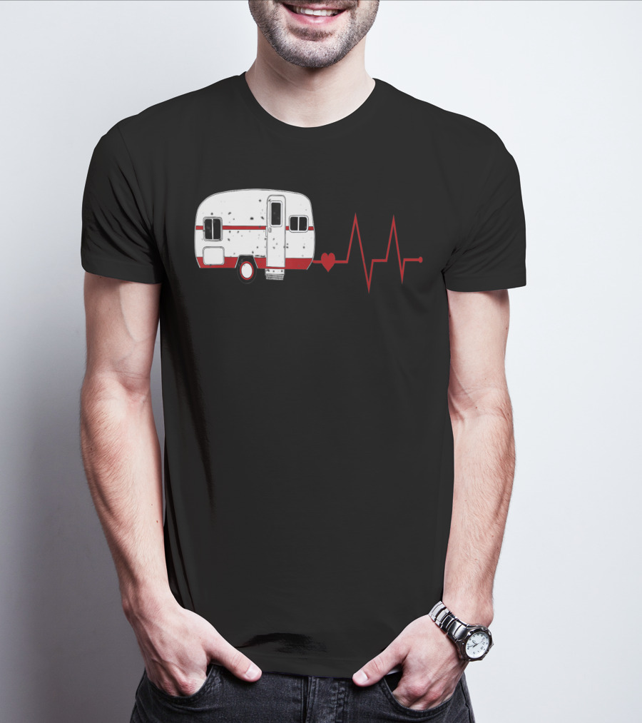 Funny Valentine's Day Camping Women Girls Heartbeat Camper T-Shirt