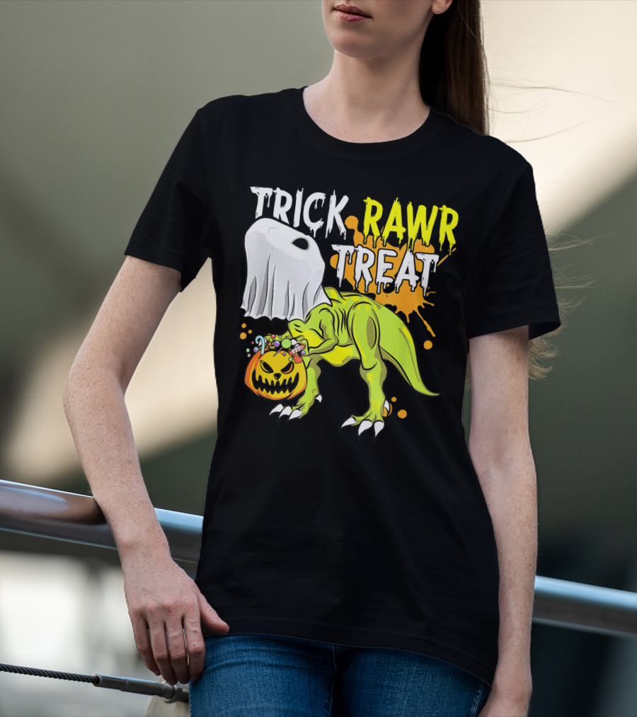 Trick Rawr Treat Halloween Dinosaur Ghost Pumpkin Boys T-Shirt