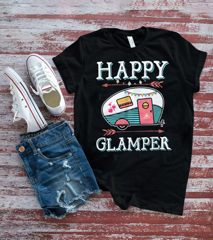 HAPPY GLAMPER Camper With Arrows And Colorful Bunting T-Shirt