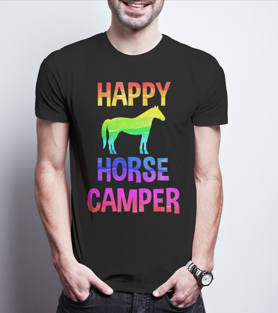 Happy Horse Camper Summer Camp Day Sleep Away Horseback Ride Rainbow T-Shirt