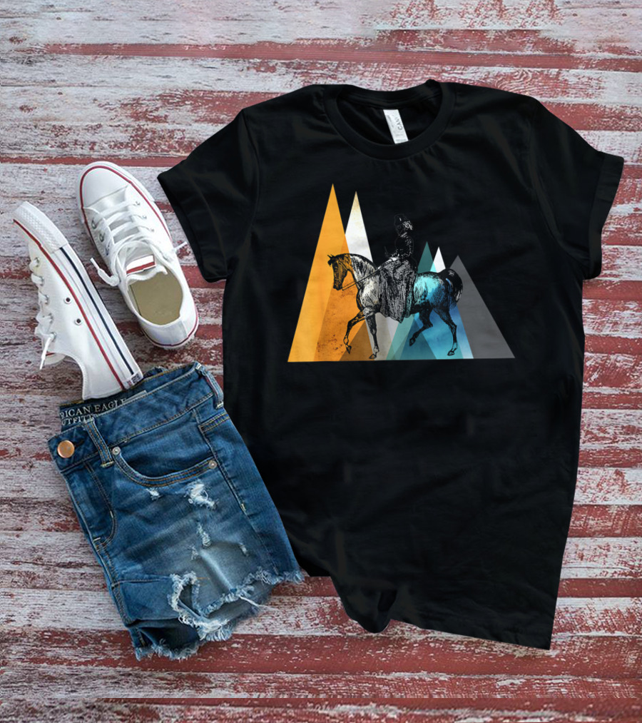 Horseback Riding Geometric Mountain Motif T-Shirt