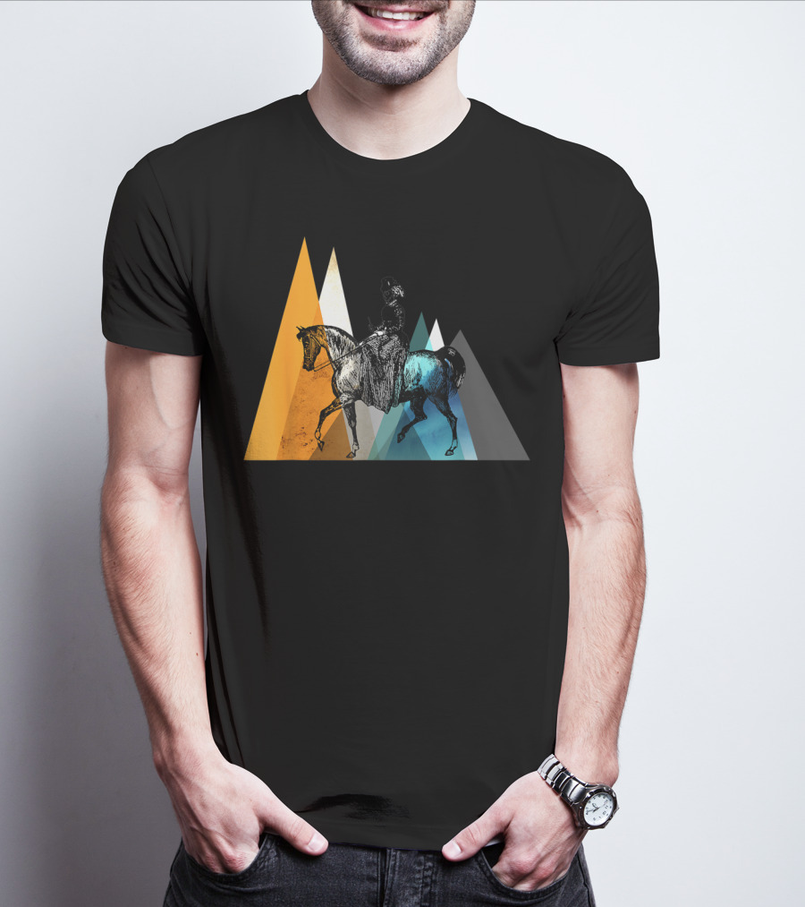Horseback Riding Geometric Mountain Motif T-Shirt