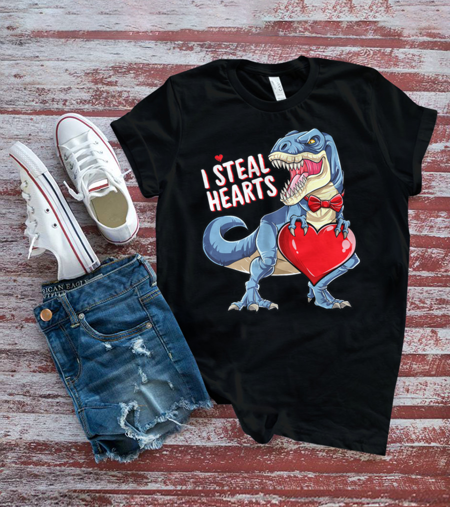 I Steal Hearts Dinosaur Rex Valentine's Day Red Bow Tie T-Shirt
