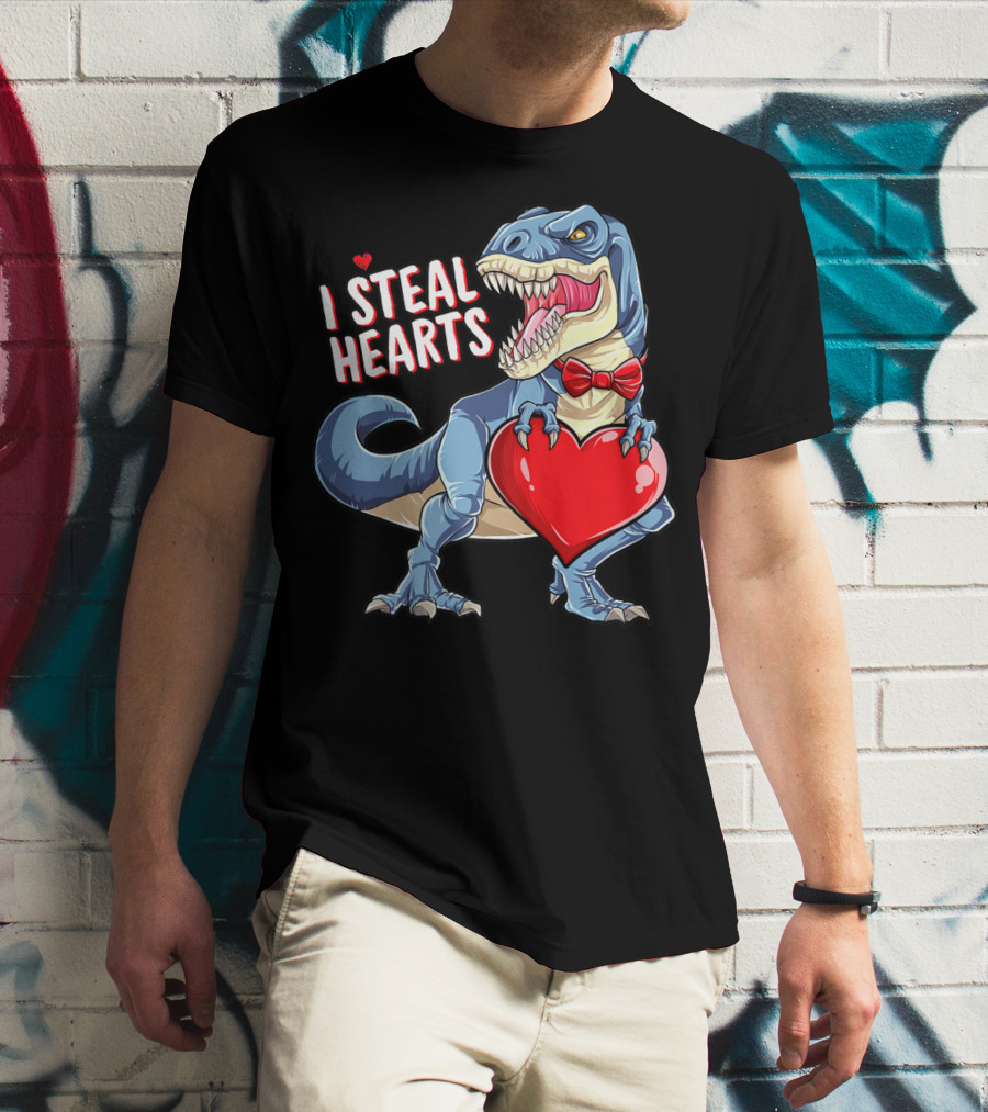 I Steal Hearts Dinosaur Rex Valentine's Day Red Bow Tie T-Shirt