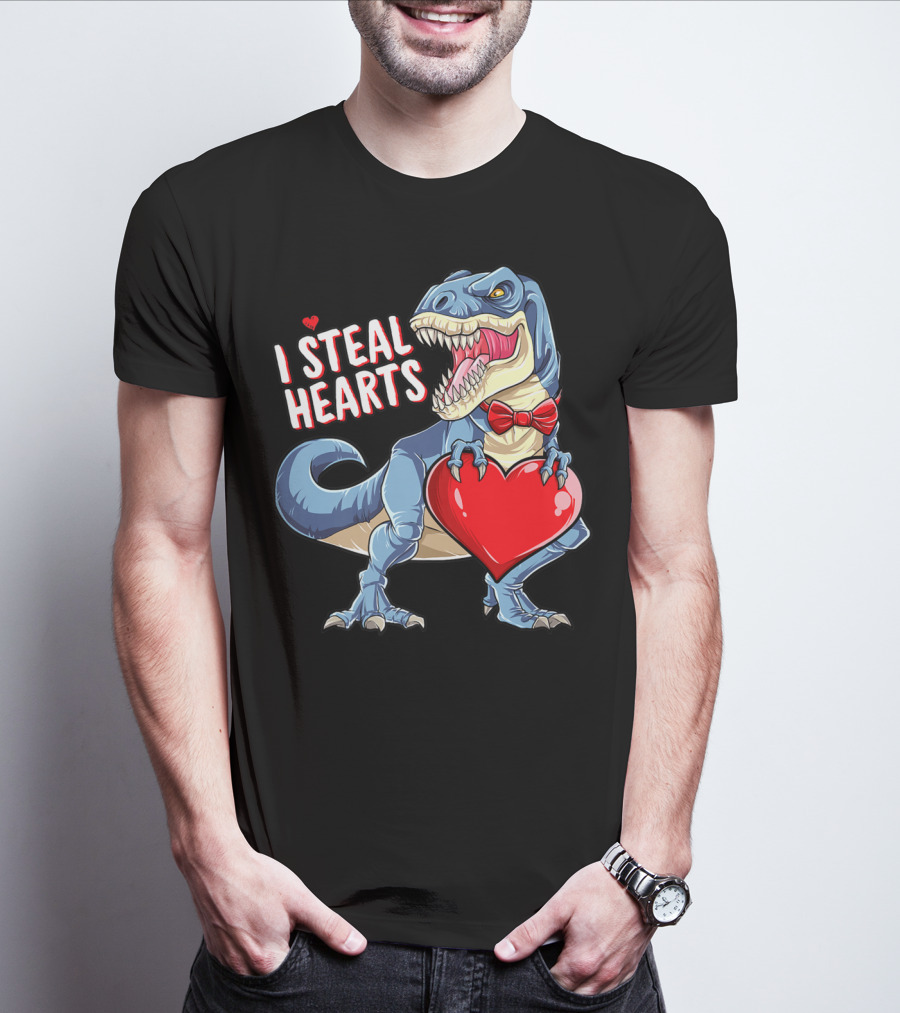 I Steal Hearts Dinosaur Rex Valentine's Day Red Bow Tie T-Shirt