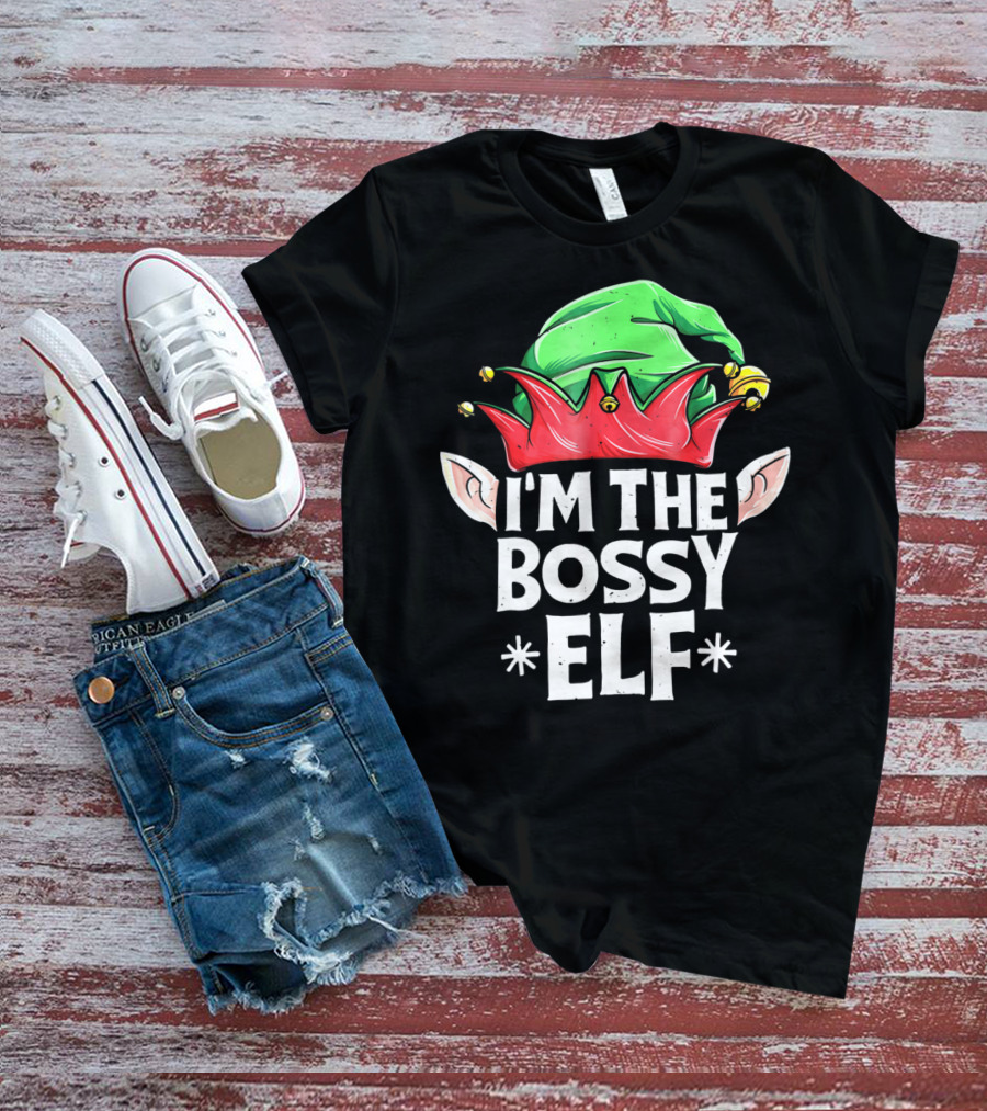 I'm The Bossy Elf Green And Red Jester Hat With Ears T-Shirt