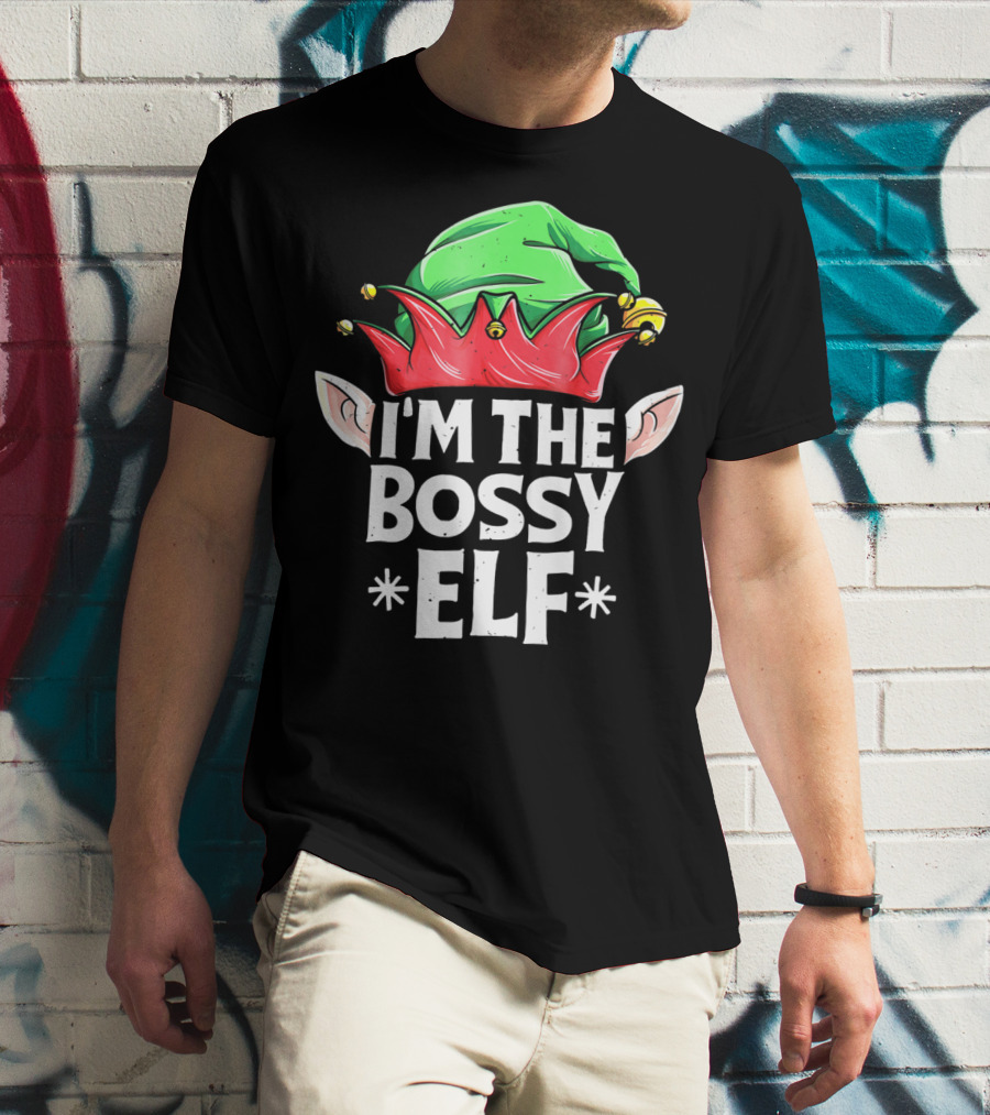 I'm The Bossy Elf Green And Red Jester Hat With Ears T-Shirt