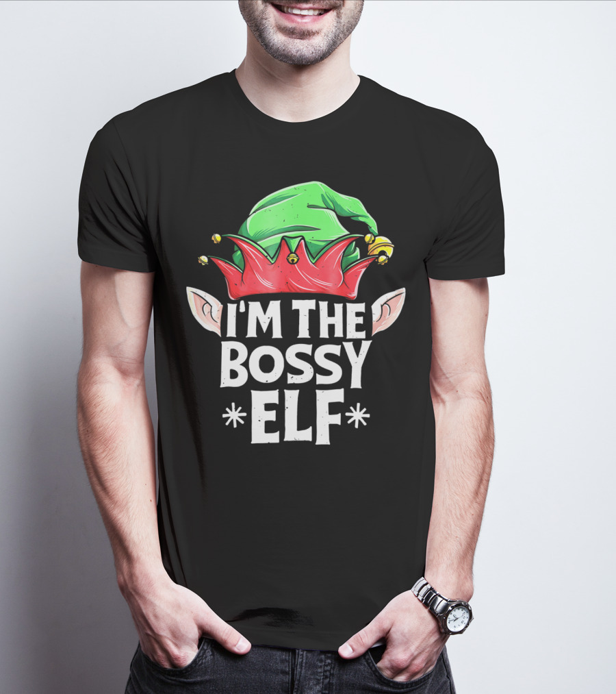 I'm The Bossy Elf Green And Red Jester Hat With Ears T-Shirt