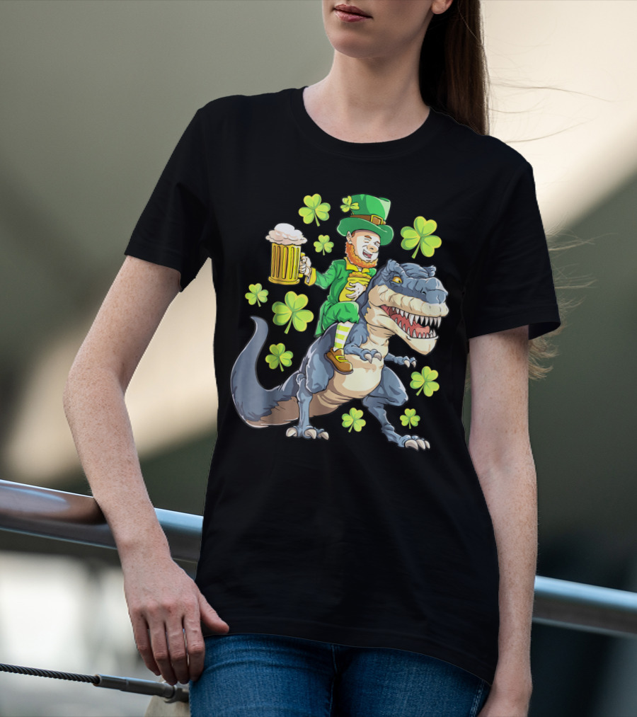 St Patricks Day Leprechaun Riding Dinosaur With Shamrocks And Beer T-Shirt