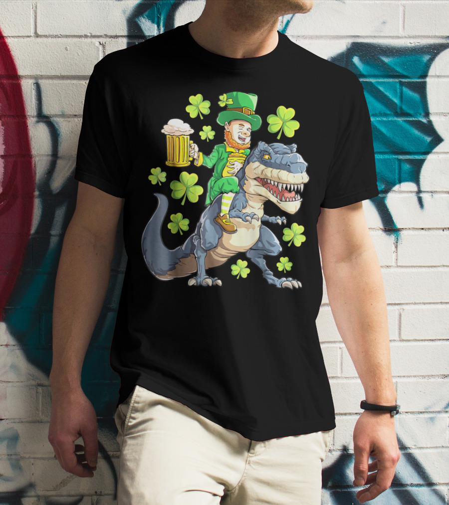 St Patricks Day Leprechaun Riding Dinosaur With Shamrocks And Beer T-Shirt
