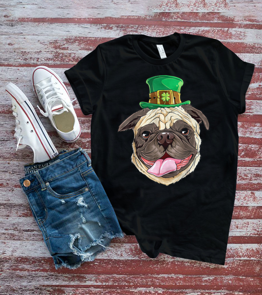 Irish Pug Wearing Leprechaun Hat With Shamrock T-Shirt
