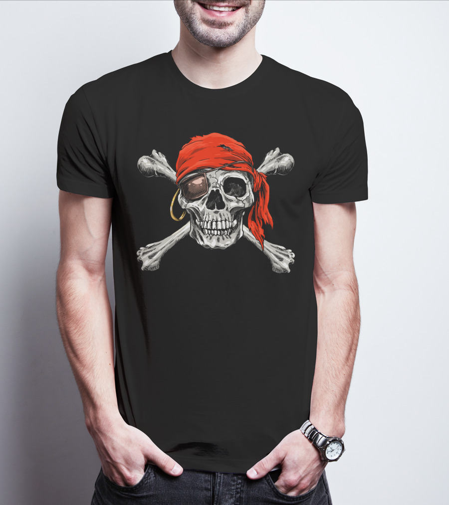 Jolly Roger Skull Crossbones Halloween Pirate Flag Red Bandana Eyepatch T-Shirt