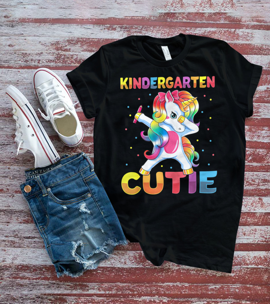Kindergarten Cutie Dabbing Unicorn Back To School Girls Rainbow Multicolor T-Shirt
