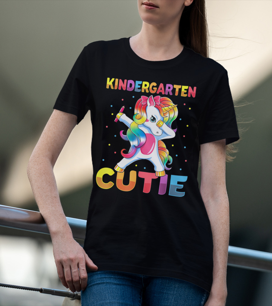 Kindergarten Cutie Dabbing Unicorn Back To School Girls Rainbow Multicolor T-Shirt