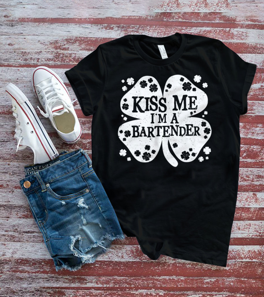 Kiss Me I'm A Bartender Four-Leaf Clover St. Patrick's Day T-Shirt