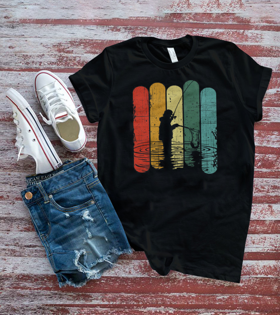 Retro Fishing Silhouette With Colorful T-Shirt