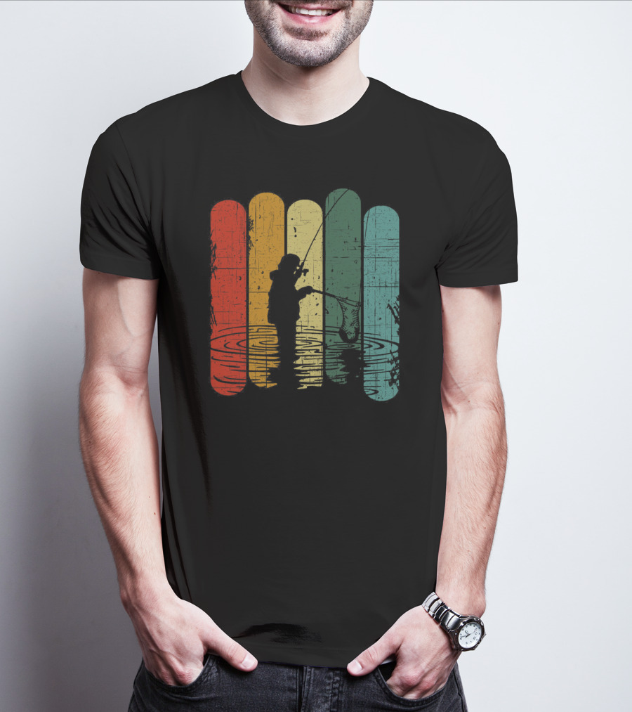 Retro Fishing Silhouette With Colorful T-Shirt