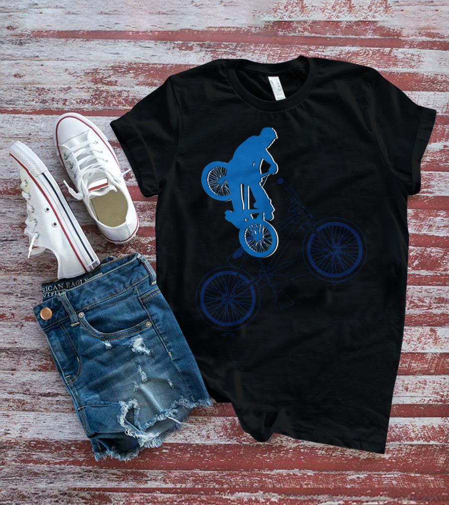 BMX Rider Blue Silhouette With Detailed Bike Blueprint T-Shirt