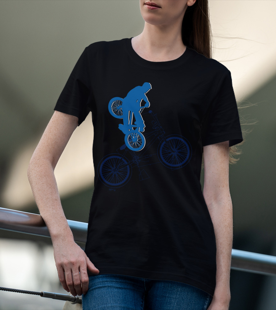 BMX Rider Blue Silhouette With Detailed Bike Blueprint T-Shirt