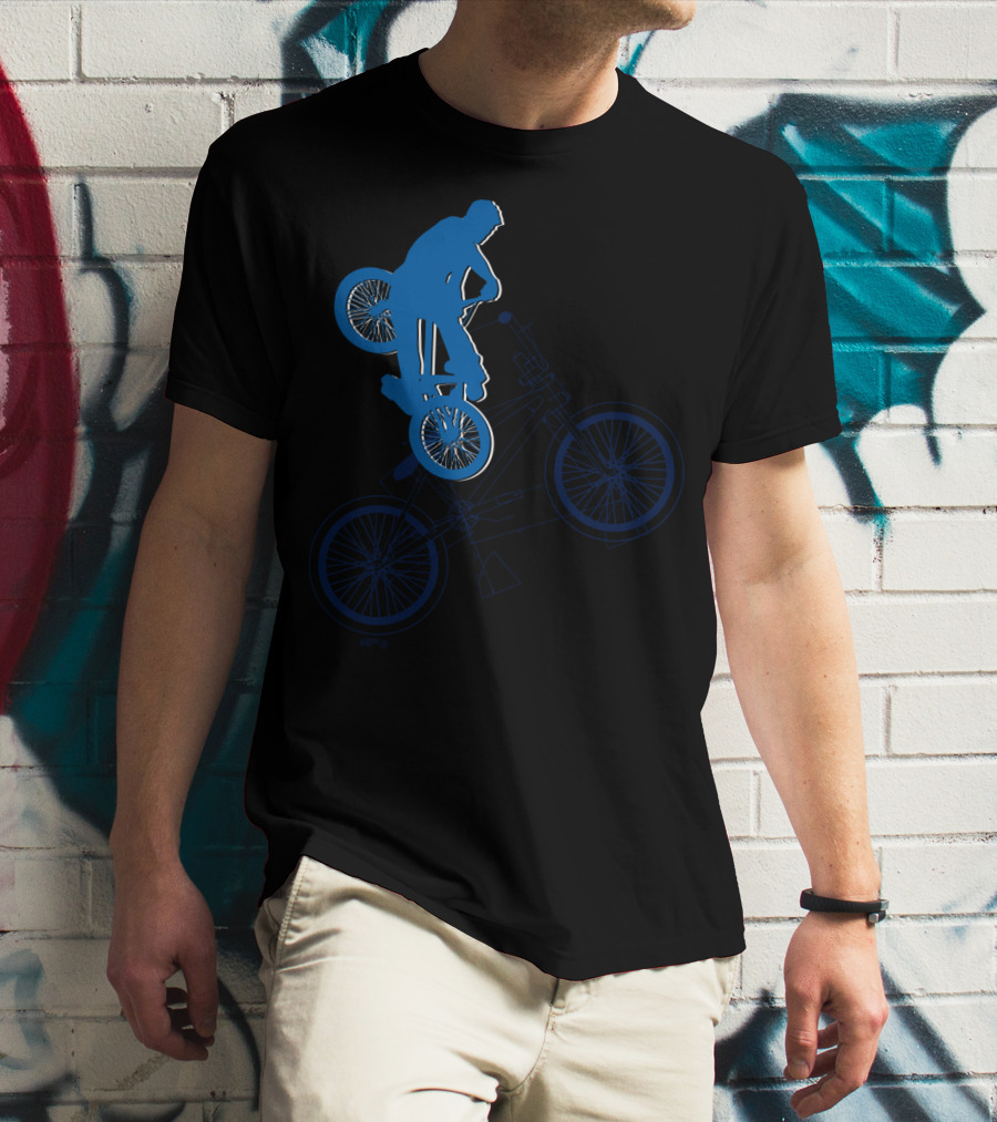 BMX Rider Blue Silhouette With Detailed Bike Blueprint T-Shirt