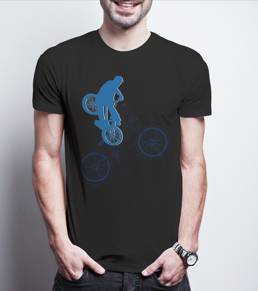 BMX Rider Blue Silhouette With Detailed Bike Blueprint T-Shirt