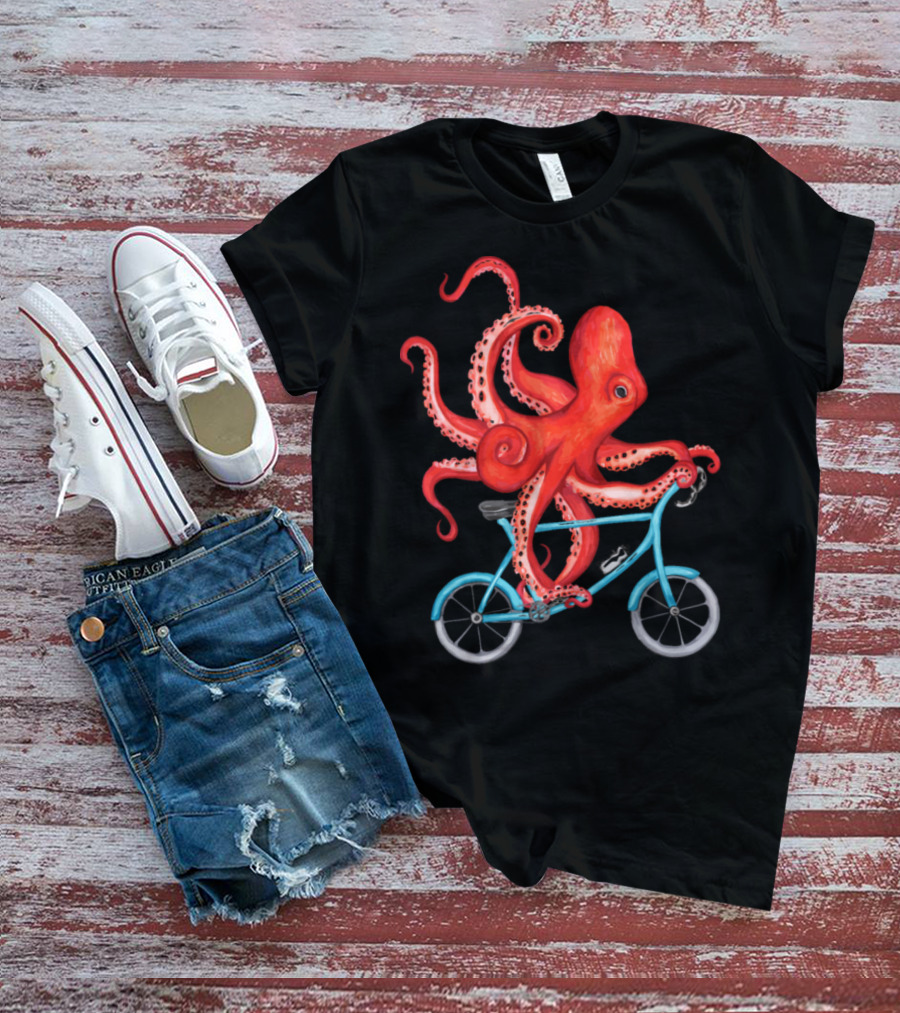 Cycling Octopus On Blue Bicycle T-Shirt