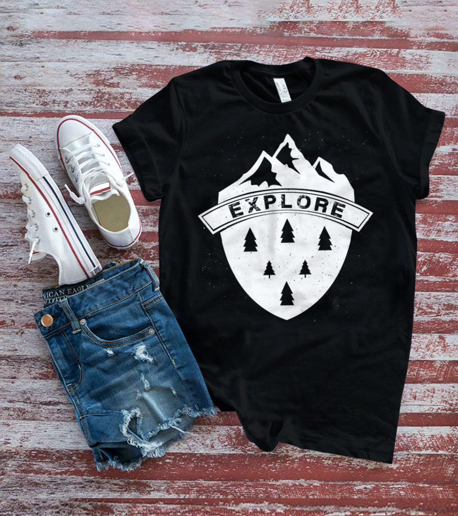 Explore The Great Outdoors Mountains Trees Badge T-Shirt