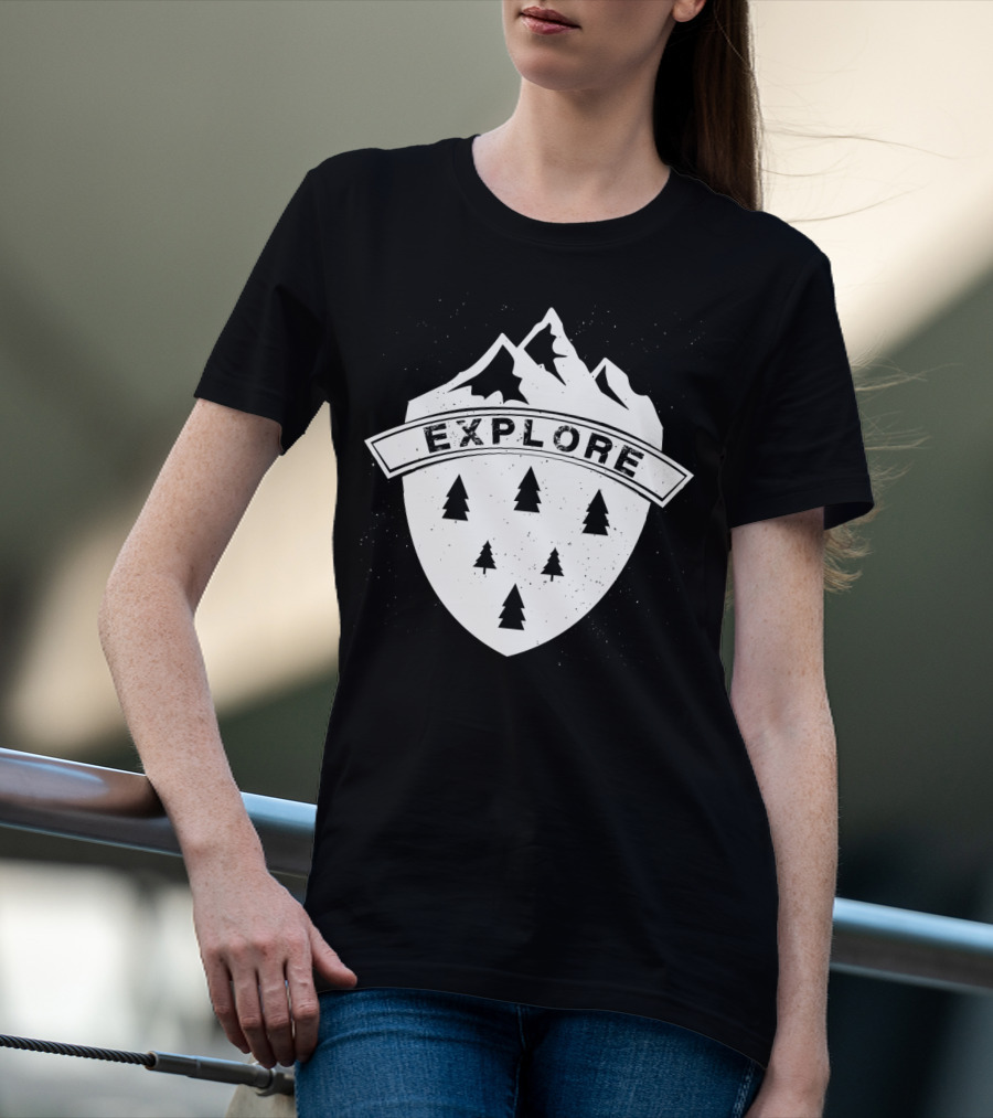 Explore The Great Outdoors Mountains Trees Badge T-Shirt