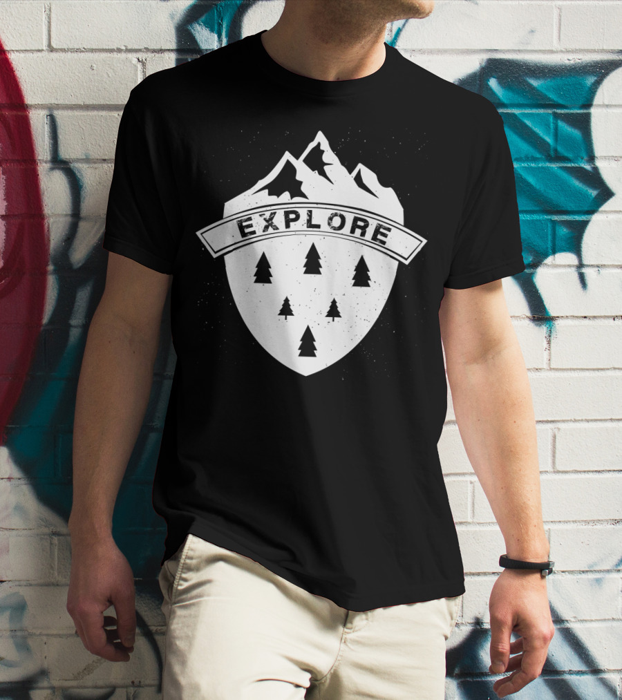 Explore The Great Outdoors Mountains Trees Badge T-Shirt
