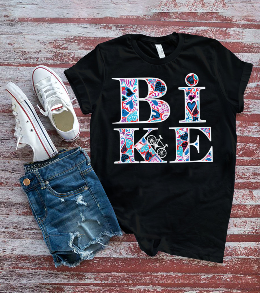 Heart Pattern Bike Typography T-Shirt