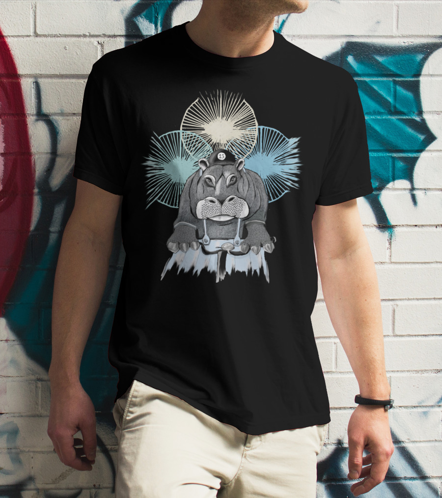 Hippo With Cap Number 13 Riding A Bike With Radiant Starburst Background T-Shirt