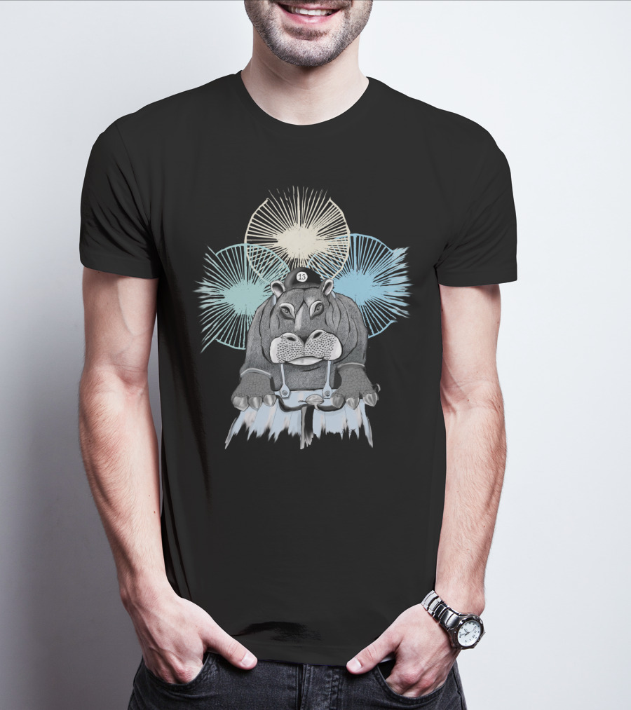 Hippo With Cap Number 13 Riding A Bike With Radiant Starburst Background T-Shirt