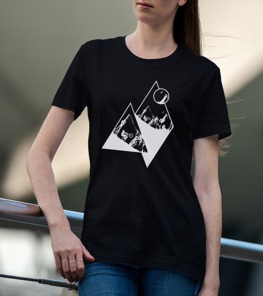 MTB Cyclist On White Mountain Peaks With Moon In Geometric T-Shirt