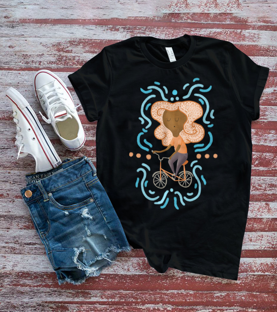 Sarah Bicycle Curly Orange Hair Blue Accents T-Shirt