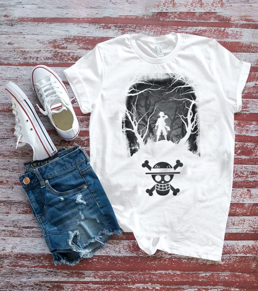 Luffy Silhouette In The Woods With Straw Hat Pirate Skull T-Shirt