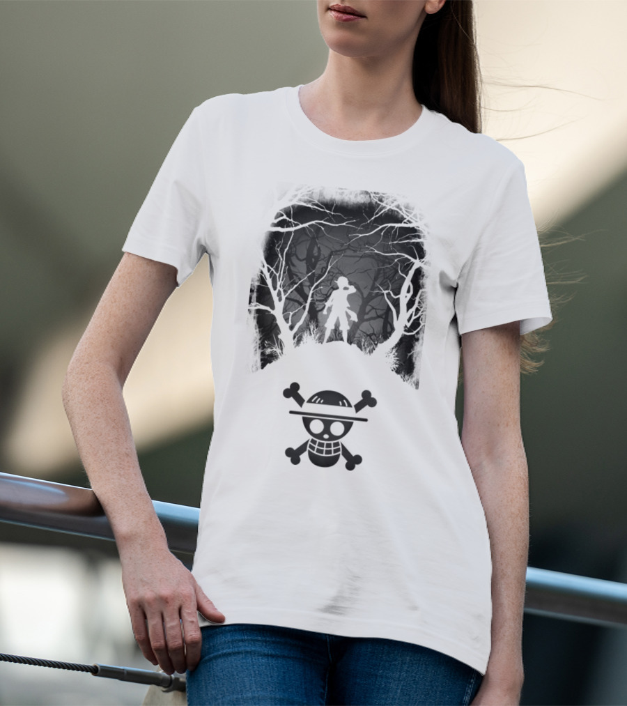 Luffy Silhouette In The Woods With Straw Hat Pirate Skull T-Shirt