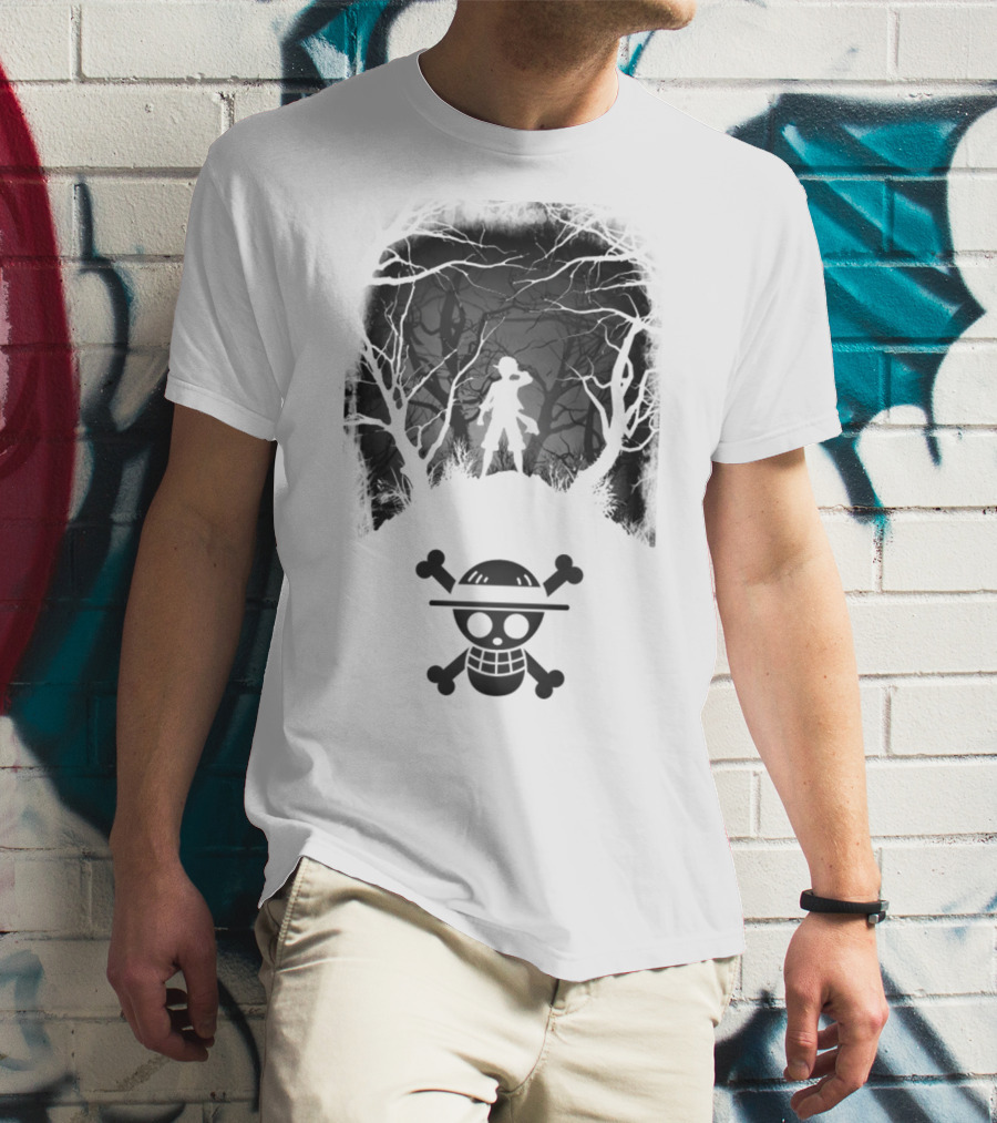 Luffy Silhouette In The Woods With Straw Hat Pirate Skull T-Shirt