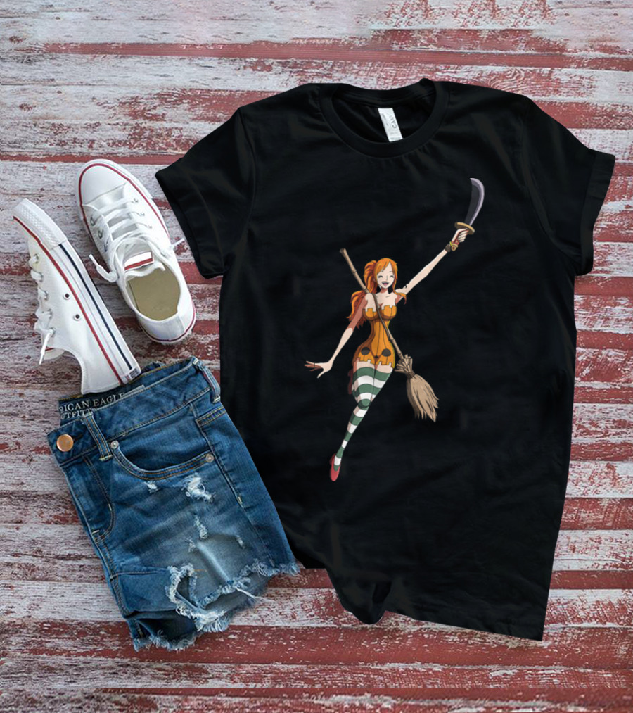 Nami Witch Riding Broomstick Sword Striped Stockings T-Shirt