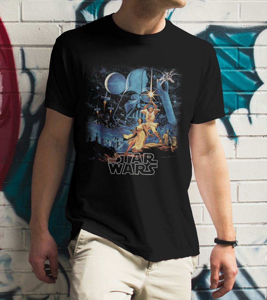Star Wars A New Hope Faded Darth Vader Luke Leia Lightsabers X-Wing TIE Fighters Classic T-Shirt