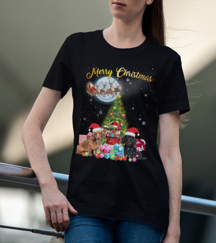 Merry Christmas Dachshund Santa Sleigh Gifts Tree T-Shirt