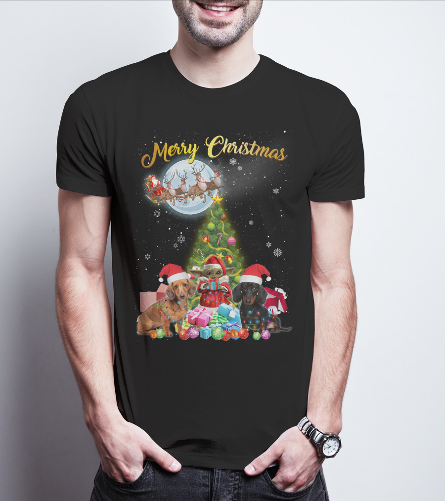 Merry Christmas Dachshund Santa Sleigh Gifts Tree T-Shirt