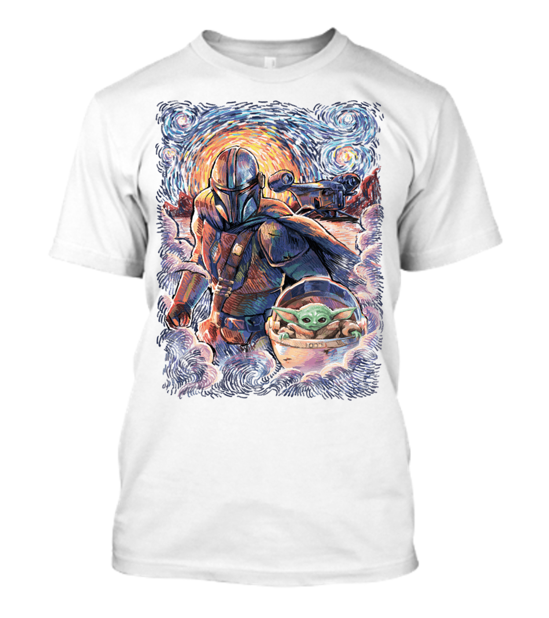 Star Wars Mandalorian Starry Night Grogu Painting T-Shirt