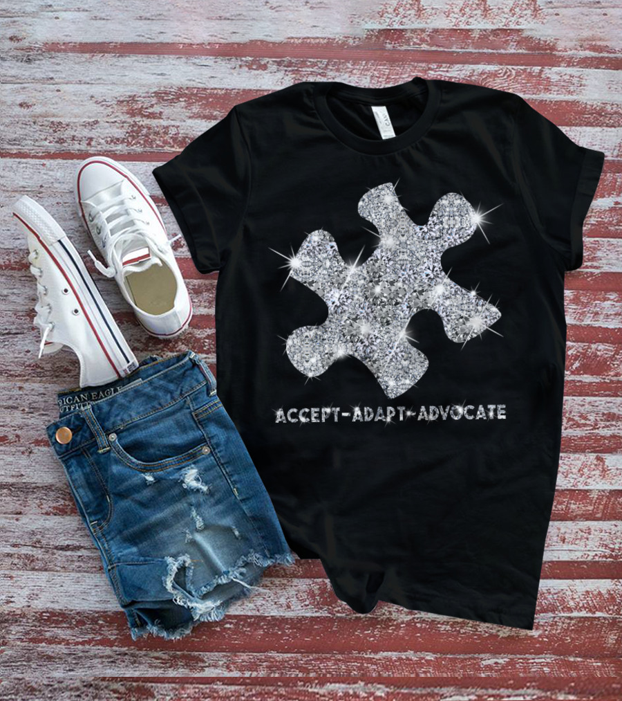 Accept Adapt Advocate Silver Glitter Puzzle Piece T-Shirt