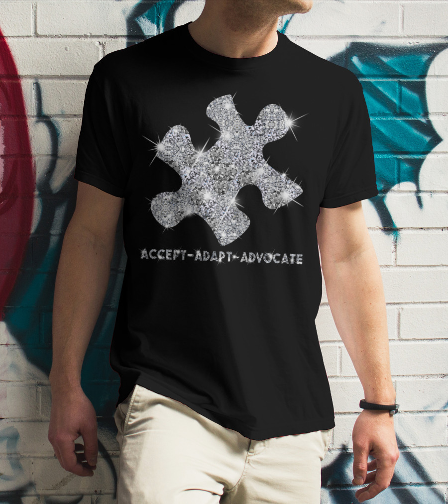 Accept Adapt Advocate Silver Glitter Puzzle Piece T-Shirt
