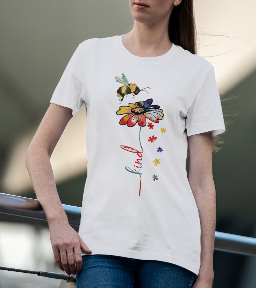 Bee Kind Puzzle Flower With Colorful Petals And Bumblebee T-Shirt